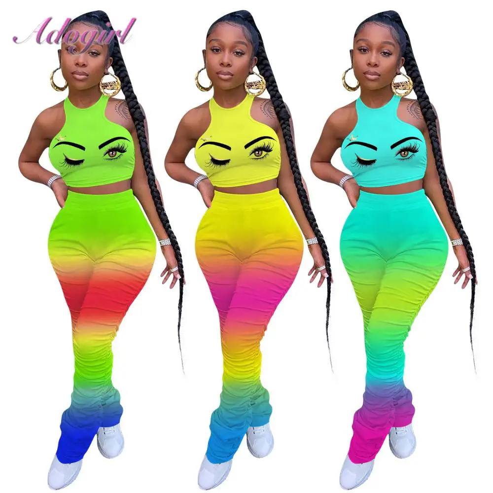 

Women Workout Set Causal Gradient Print Tank Tops Stacked Flare Bell Buttom Pants Suit Jogger 2 Piece Set Outfit Sport Tracksuit