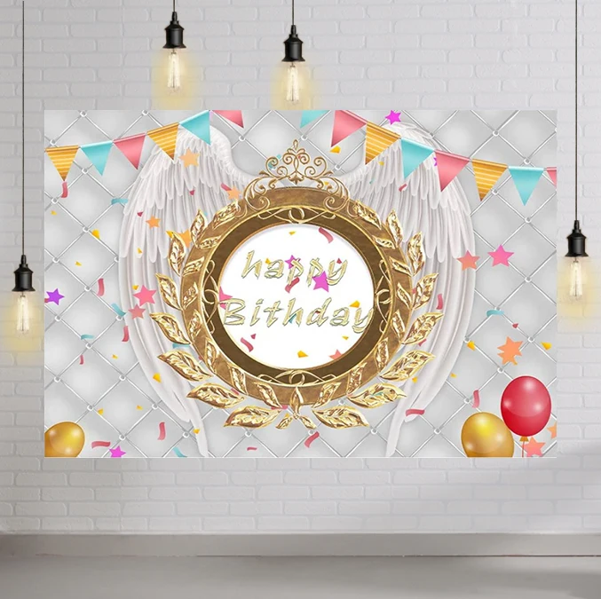 

Angel Wings Backdrop White Gold Mirror VIP Photography Background Balloons Ribbons Stars Happy Birthday Party Decor Banner