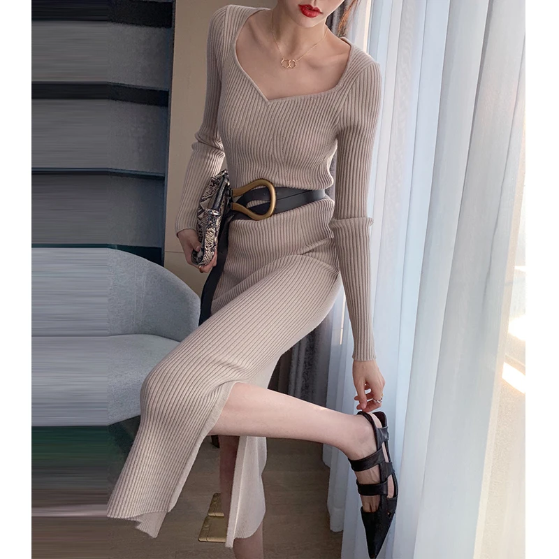 

Korean V-neck Elegant Sweater Dress Woman Winter Autumn Slim Waisted Knit Dress Vestido Ladies Khaki Black Streetwear Clothing