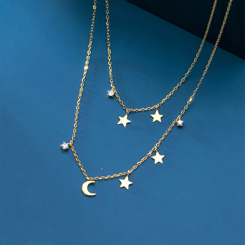 

Real 925 Sterling Silver Zircon Star Moon Double Chain Choker Necklace For Fashion Women Party Fine Jewelry Accessories