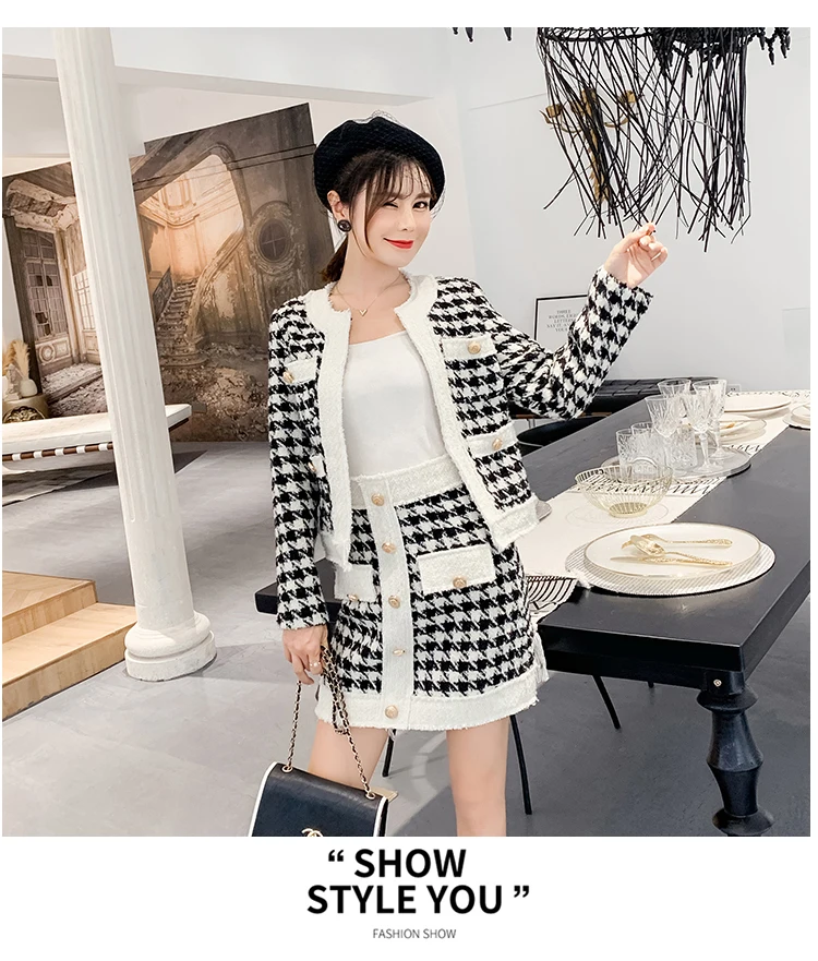 Small fragrance 2 piece set 2019 autumn and winter women's runway tweed wool jacket coat gold button mini pencil skirt suit | Женская