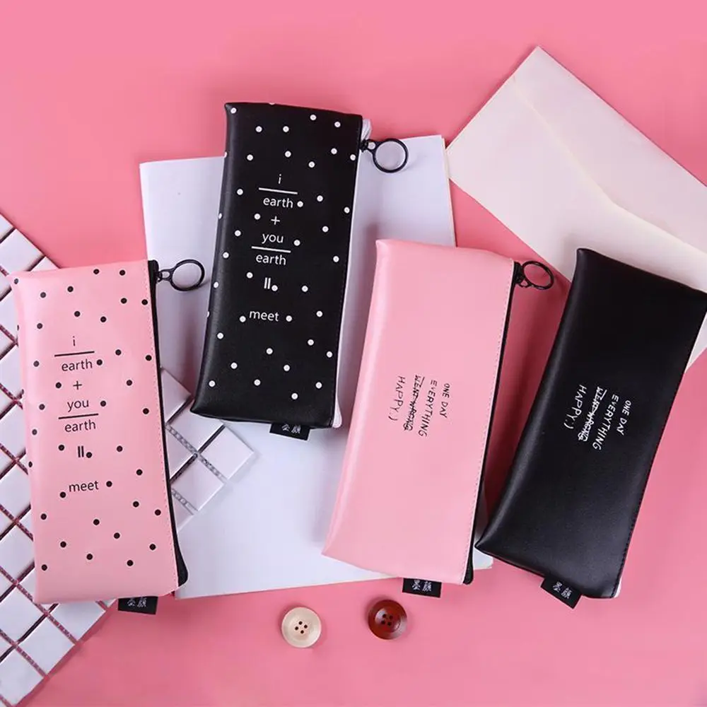 

1Pc Cute Pink Pencil Case For Girls Black White Dot Leather Pen Bag Pencilcase Stationery Organizer School Suppplies Kids Gift