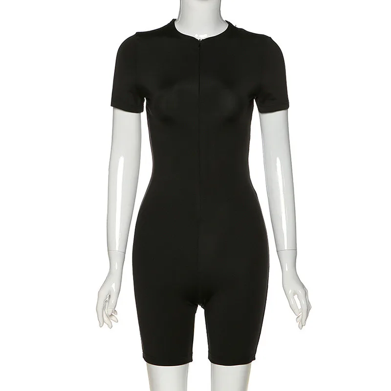 

Women Skinny One Piece Short Sleeve Playsuits Female Zipper V-Neck Fashion Casual Rompers Workout Summer Biker Shorts Playsuit