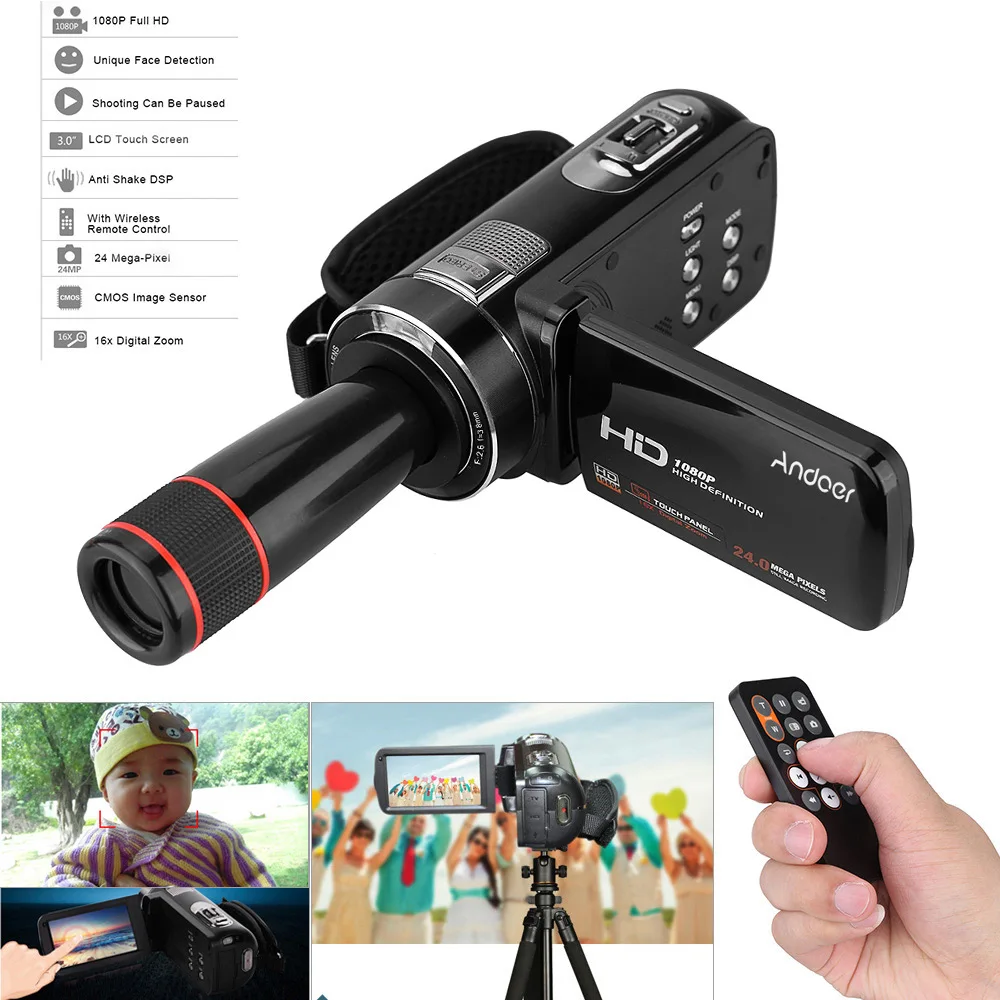 Цифровая видеокамера Andoer HDV-Z8 PLUS 1080P 30fps FHD 24 МП с 12X телеобъективом дистанционное