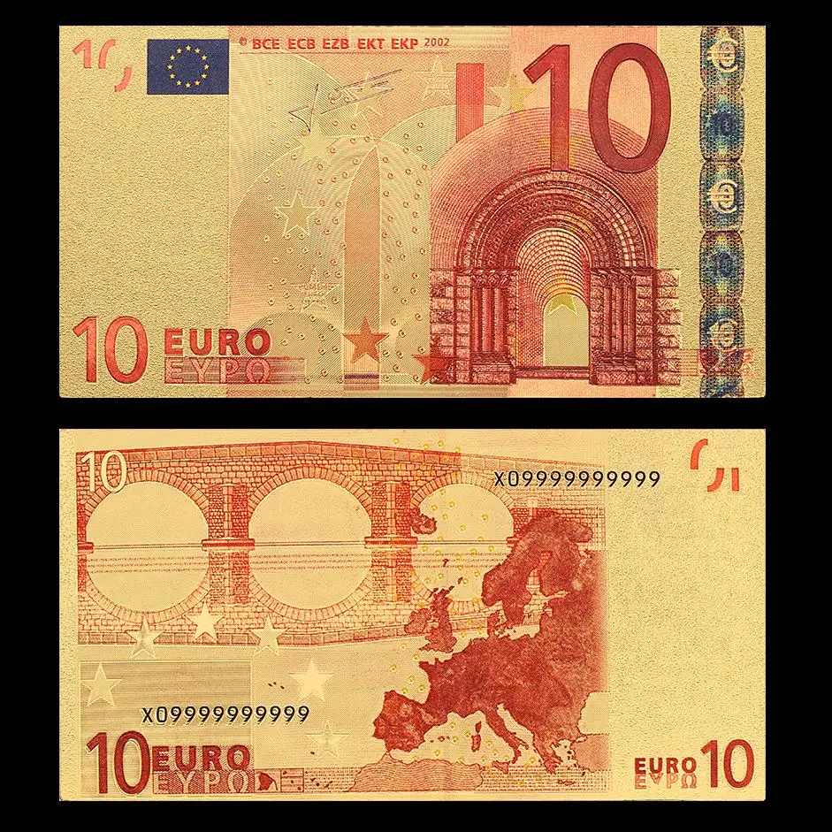 M006G-10 Цветные европейские золото banknotes 10 Банкноты евро в 24k Золотая фольга поддельные деньги для коллекции 5 20 50 100 200 500 Упаковка из 2 шт - Цвет: M006G-10