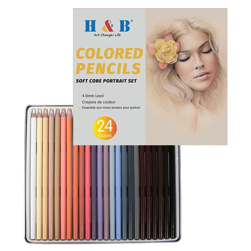 

H&B 24 Colors Character Skin Tone Oily Colored Pencil Portrait Drawing Tool Iron Box Set High Quality Lead Core Art Supplies