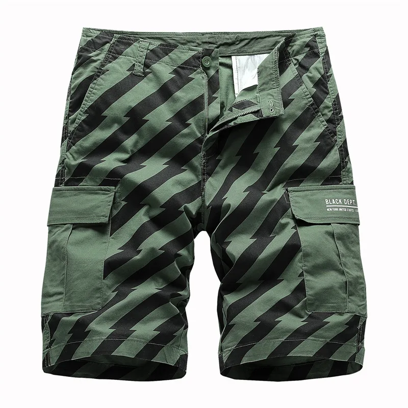 

2021 Summer Men's Baggy Multi Pocket Military Cargo Shorts Male Cotton Khaki Mens Striped Tactical Shorts Short Pants No Belt