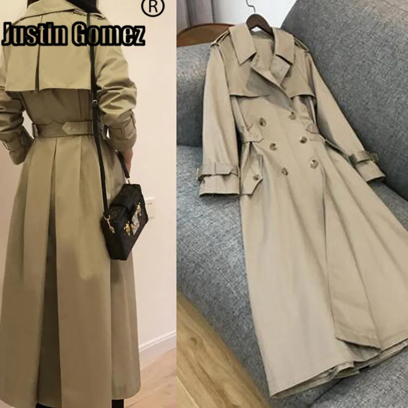 

Spring Autumn 2023 Women British Double Breasted Slim Classic Long Trench Coat Simple Style Soft Windbreaker casacos femininos