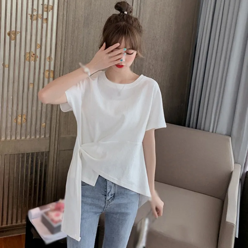 

Женские топы в Корейском стиле, повседневные футболки неправильной формы с коротким рукавом и круглым вырезом, Размеры M, L, XL, XXL