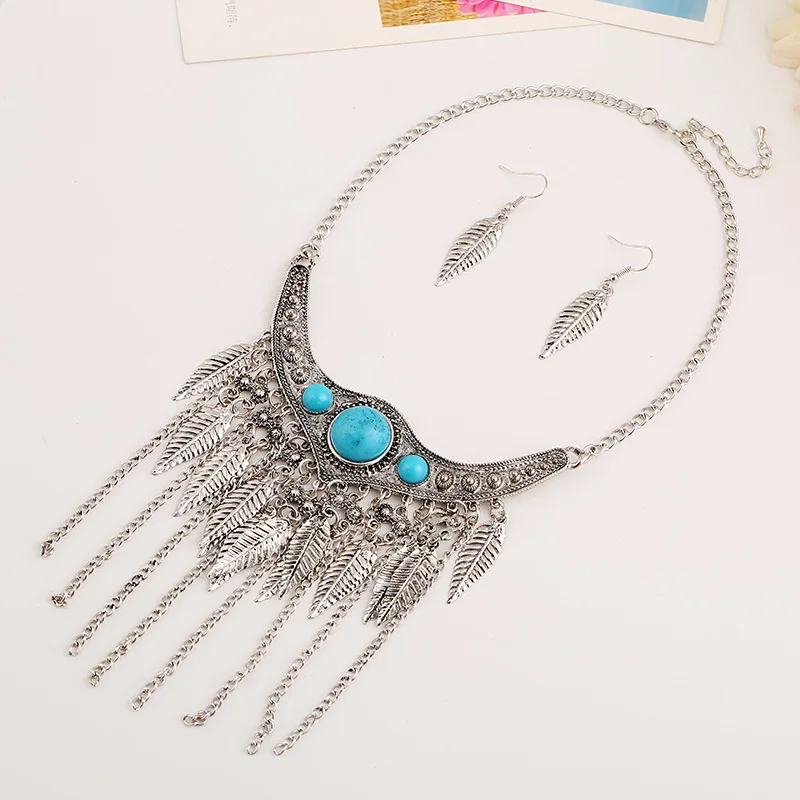 Ancient silver Blue LZHLQ модное богемное этническое стильное длинное массивное ожерелье, наборы женских ювелирных изделий, винтажное ожерелье с кисточкой в виде листьев - Окраска металла: Ancient silver Blue