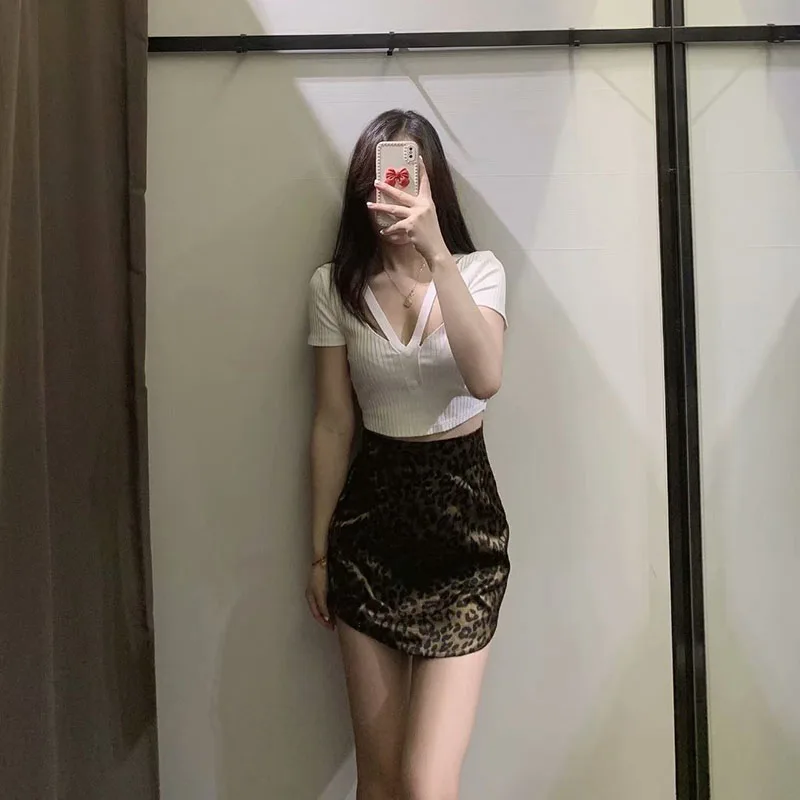 Мини-юбка женская с леопардовым принтом на молнии винтажная коричневая 2021 | Юбки