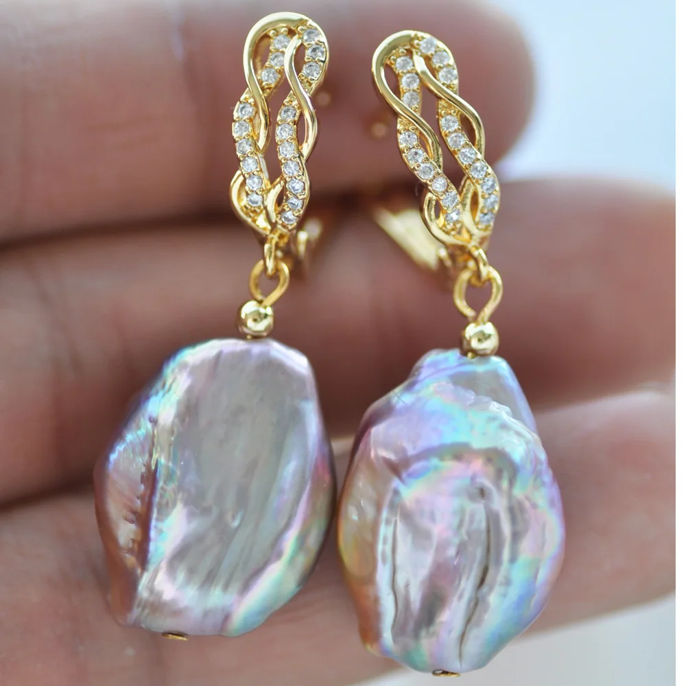 

Z10535 Gorgeous 21mm Lavender Baroque Keshi Pearl Dangle Earring CZ