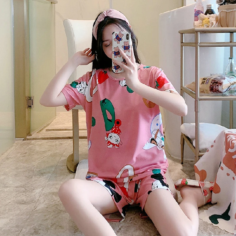 

Woman Summer Casual Home Wear Pajama 2021 Short-sleeved Pajamas Summer Sexy Korean Lingerie Cartoon Cute Plus Size Pajamas