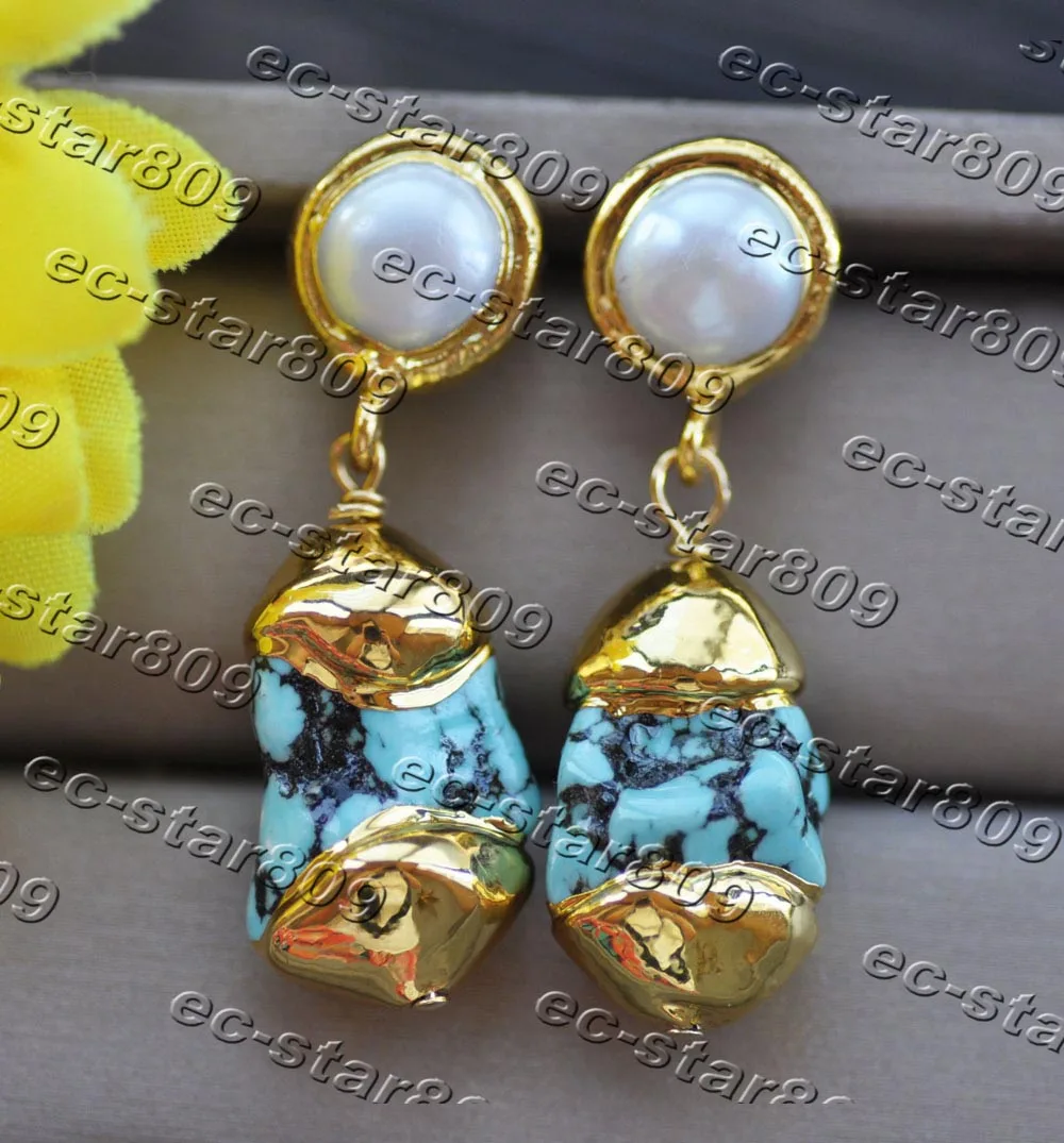 

Z11360 23mm Baroque Blue Turquoise White Pearl Yellow Gold Plate Dangle Earring