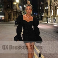 Vestido de cóctel plisado con espalda descubierta para mujer, minivestido Sexy con escote triangular, manga abombada, Espalda descubierta, 2022 (3)