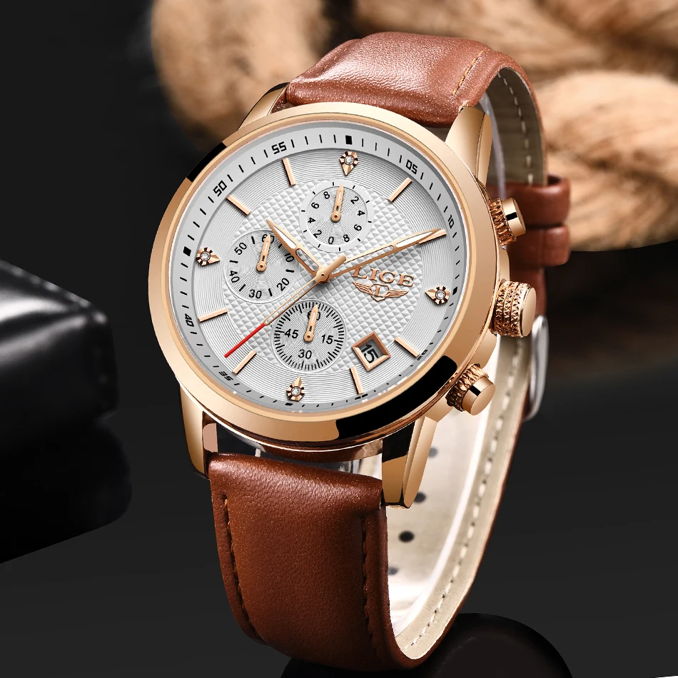 LIGE новые мужские часы Топ бренд синий кожаный Хронограф водонепроницаемые