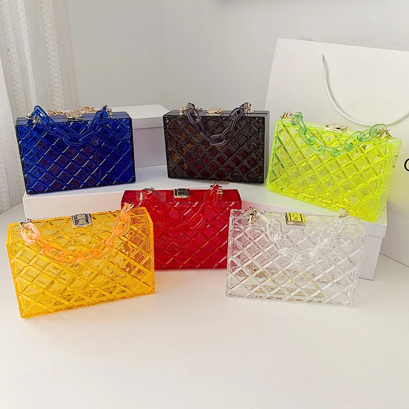 

Acrylic Chain Transparent Box Jelly Handbags Clear PVC Women Mini Shoulder Bolsas 2021 Trendy Lattice Evening Crossbody Tote Sac