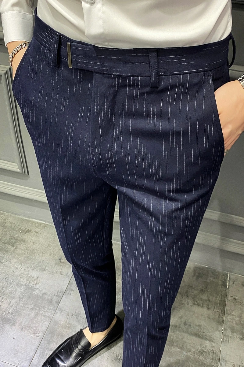 

Size 28-42 Plus Business Dress Pants Men Striped Office Social Formal Suit Pants Slim Wedding Casual Trousers Streetwear 2021