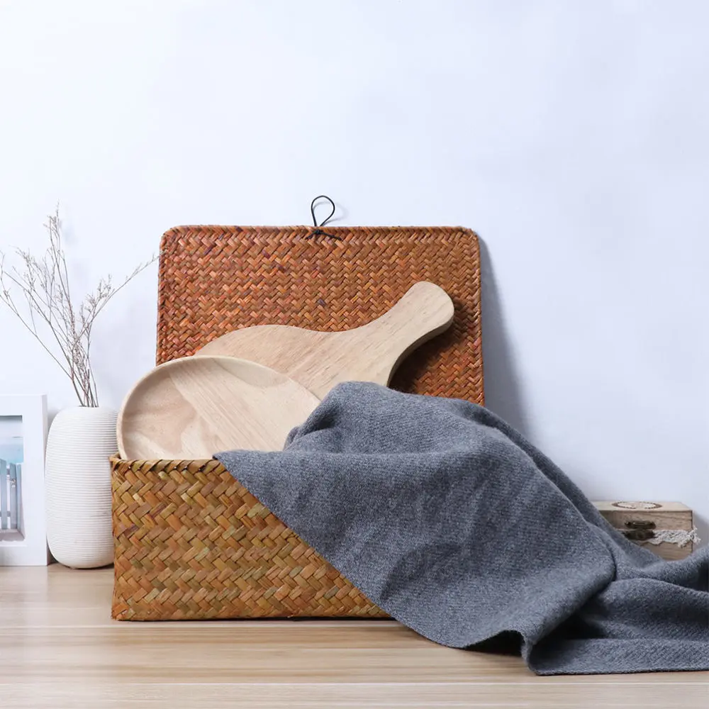 

2pcs Seaweed Woven Storage Box Basket with Lid Sundry Organizer Case Container