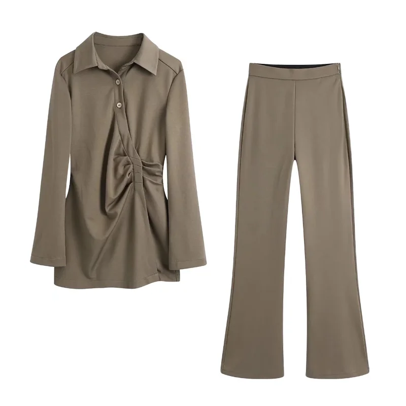 

Xitimeao Women's 2021 Fashion Long Pleated Shirt Retro Button Shirt Blusas Chic Top And High Waist Side Zipper Flared Pants