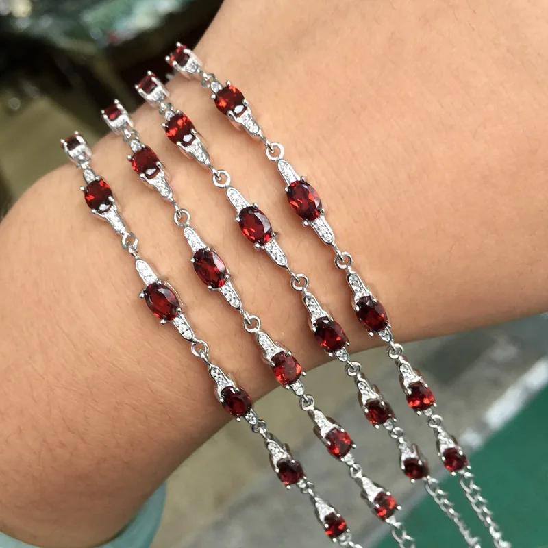 

SHIQING Boutique nature real gemstone simple oval garnet 925 sterling silver red bracelet for women