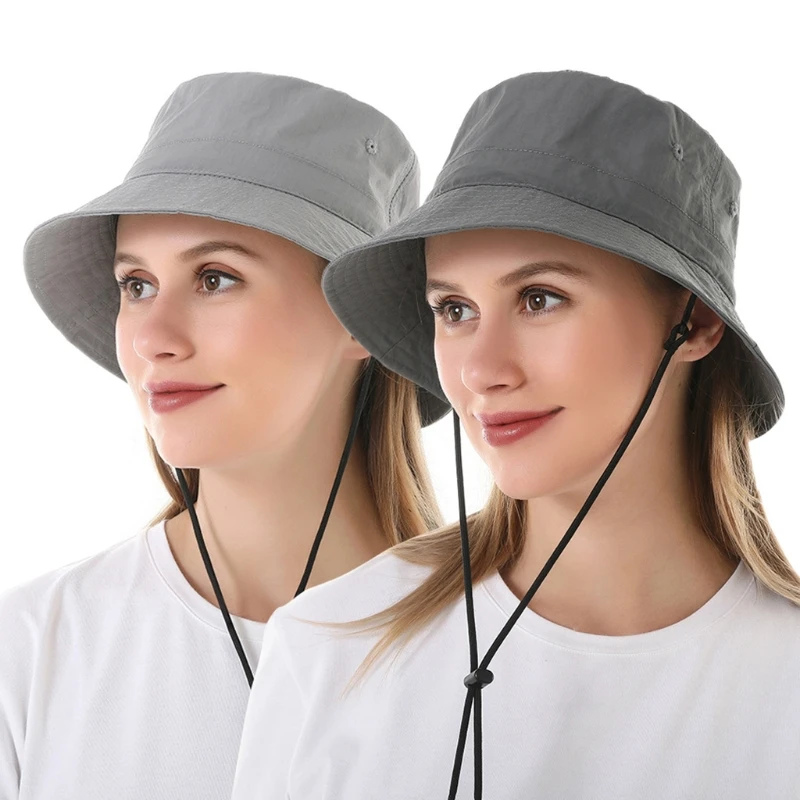 

Summer Outdoor Sun Visor Bucket Hat Unisex Wide Brim Sunscreen Simple Solid Adjustable Packable Fisherman Cap with Chin Strap
