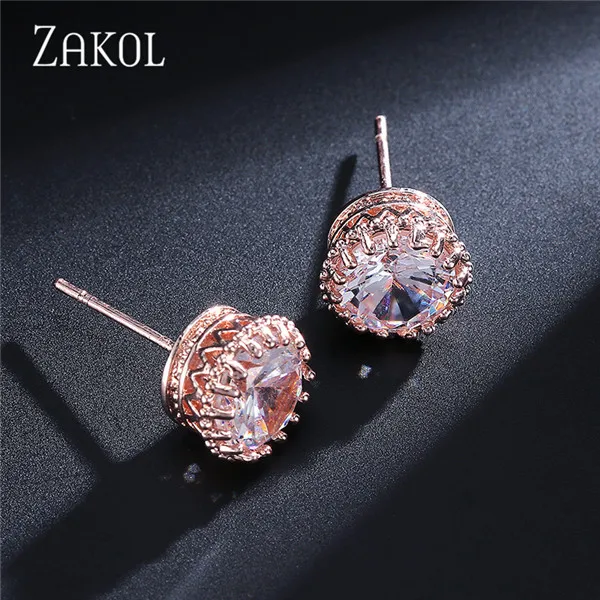 Rose Gold 8mm ZAKOL, модные ювелирные изделия, корона, женские классические блестящие циркониевые маленькие серьги-гвоздики, золотой цвет, шпильки для ушей для мужчин, серьги с кристаллами EP398 - Окраска металла: Rose Gold 8mm