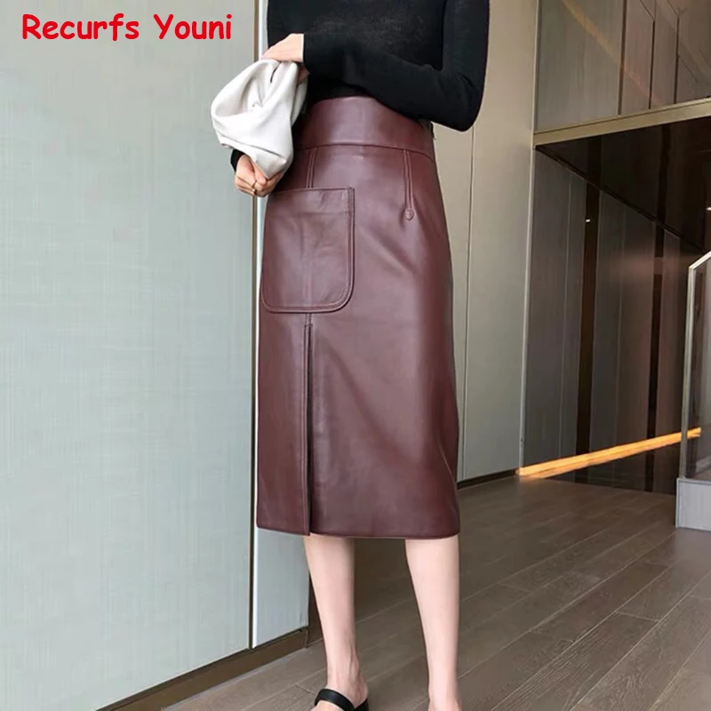 Юбка Женская длинная из натуральной кожи пикантная до колена с завышенной талией