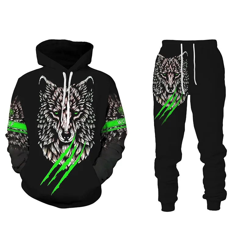 

Mens 3D War Wolf Print Hoodie Casual Set Long Sleeve Tracksuit Fall Winter Collection