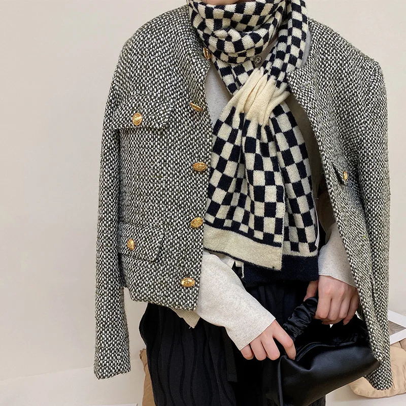 

knitted thickened imitate wool cross scarf England Plaid shawl autumn winter women Outdoor Scarves