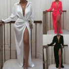 Женское модное сексуальное платье, элегантное однотонное вечернее платье с отложным воротником, длинным рукавом, высокой талией, разрезом и вилкой для вечерние