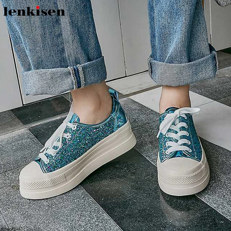 Женские блестящие туфли на толстой подошве Lenkisen уличные из коровьей кожи с