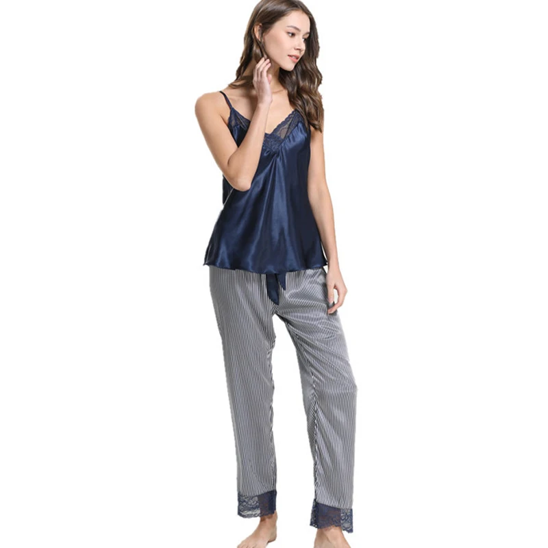 

Women's Silk Satin Pajamas Summer Sexy Lace V-Neck Striped Suspenders Trousers Loose Home Clothing For Outer Wear Female Fashion