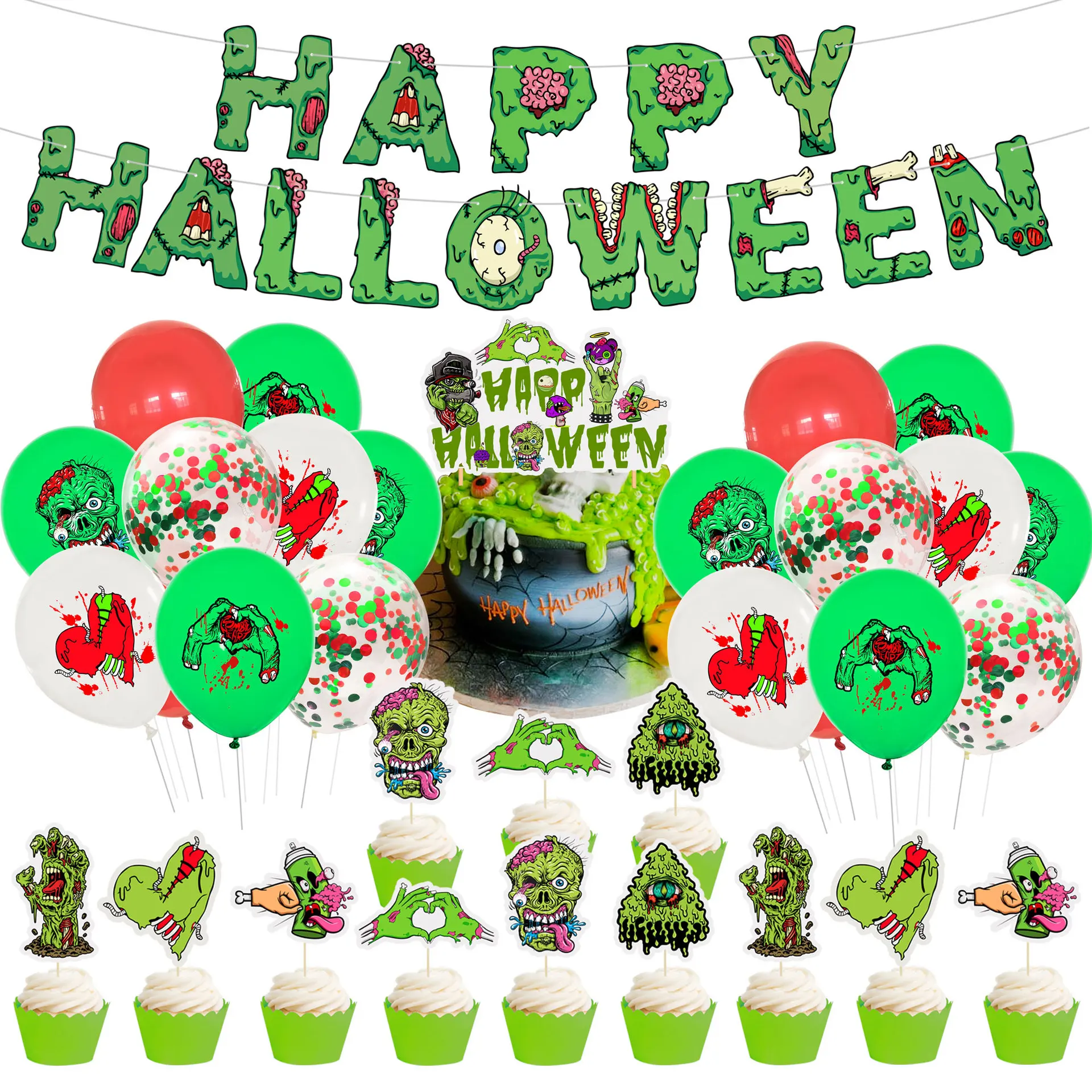 

Halloween Scary Green Glitter Bloody Banner Birthday Balloons Cake Topper for Halloween Vampire Party Backdrop Photo Wall Decor