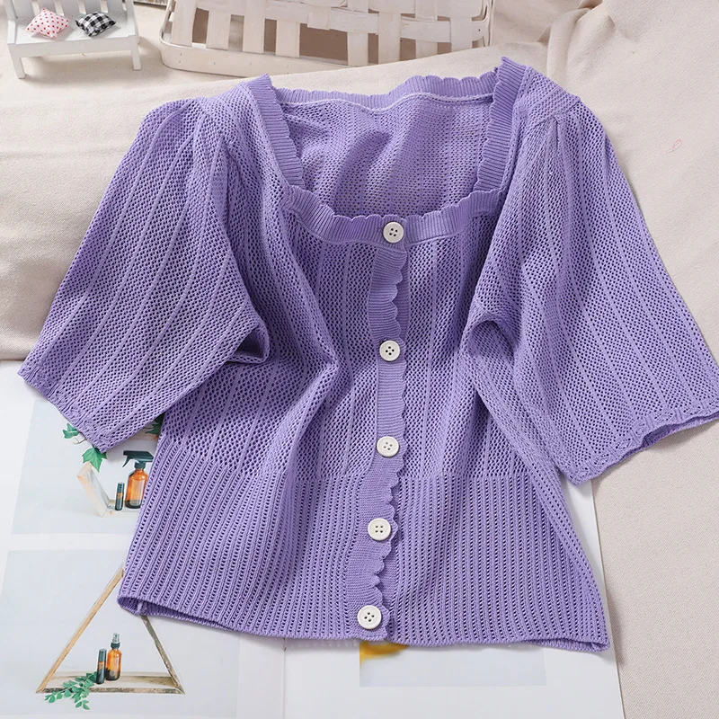 Summer Autumn Sweater Women Cardigan New Fashion Square Collar Short Tops Casual Slim Sweet Single-Breasted Thin Korean |