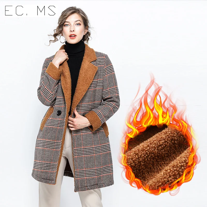 Зимнее шерстяное пальто в клетку Женская Теплая Флисовая EC.MS верхняя одежда для