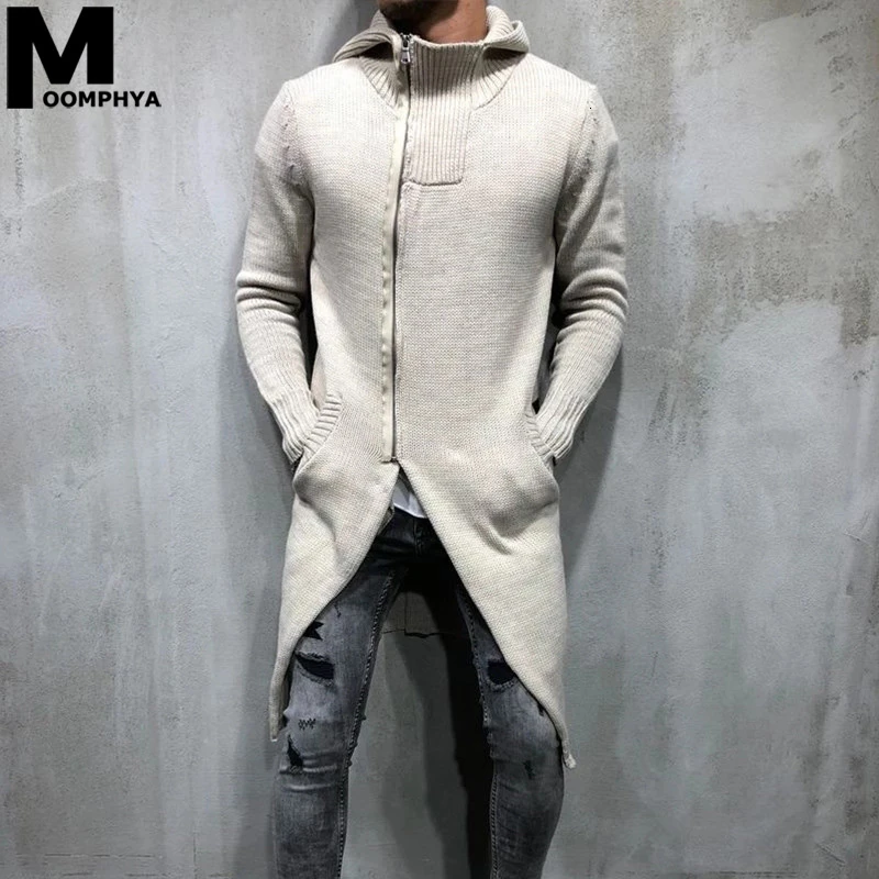 Мужской длинный свитер с капюшоном Moomphya трикотажный высоким воротником