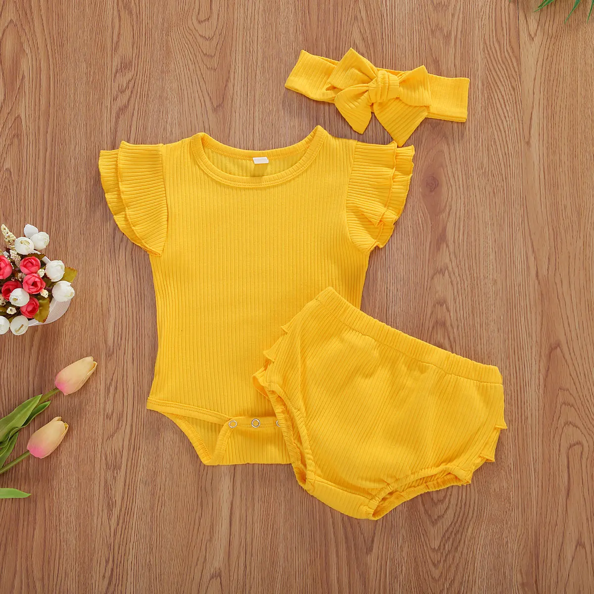 Newborn Kids Baby Girls Boys Clothes Sets 3pcs Solid Ruffles Short Sleeve Romper Tops Shorts Headband | Детская одежда и обувь