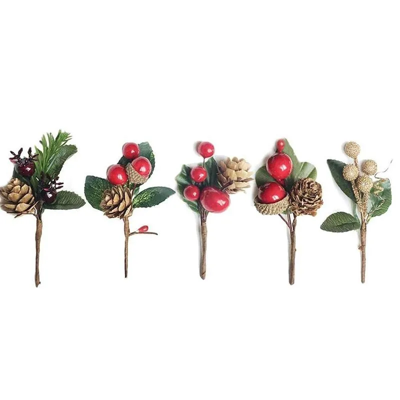 5pcs Artificial Flower Red Christmas Berry And Pine Cone Picks With Holly Branches For Holiday Floral Decor Crafts | Дом и сад