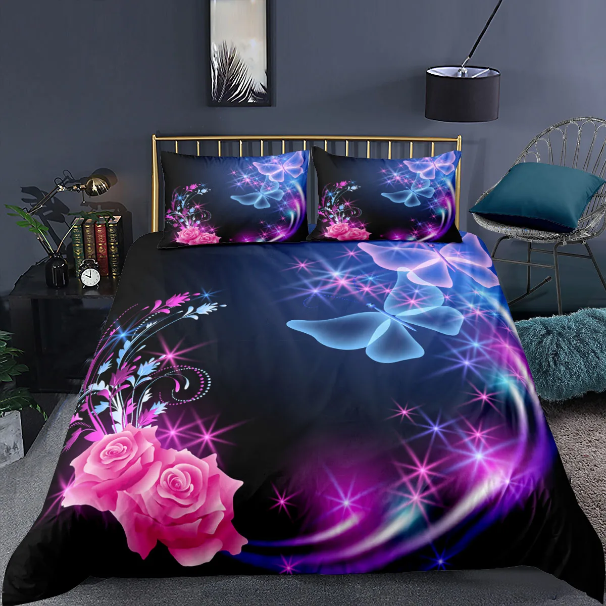 

Butterfly 3d Bedding Set 2/3pc Flowers Duvet Cover With Pillowcase Bedspread Single Double Queen King Size Home Decor
