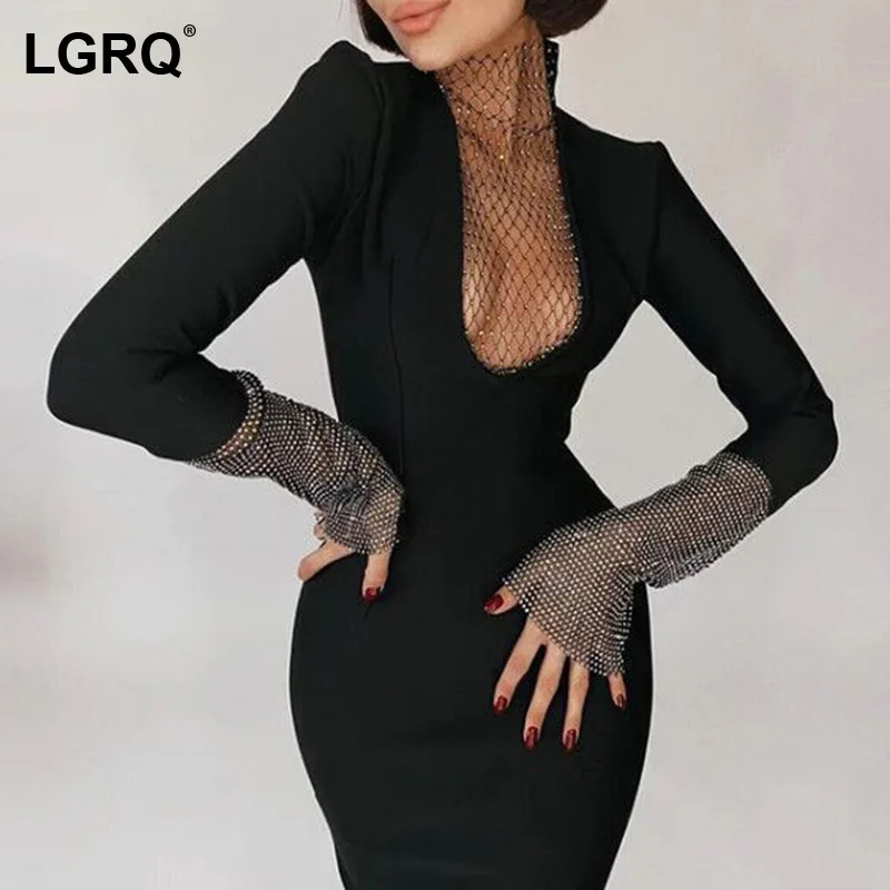 

[LGRQ] Women Black Mesh Patchwork Rhinestone Sexy Dress New V-Neck Long Sleeve Fit Fashion Tide Spring Autumn 2021 19D1883
