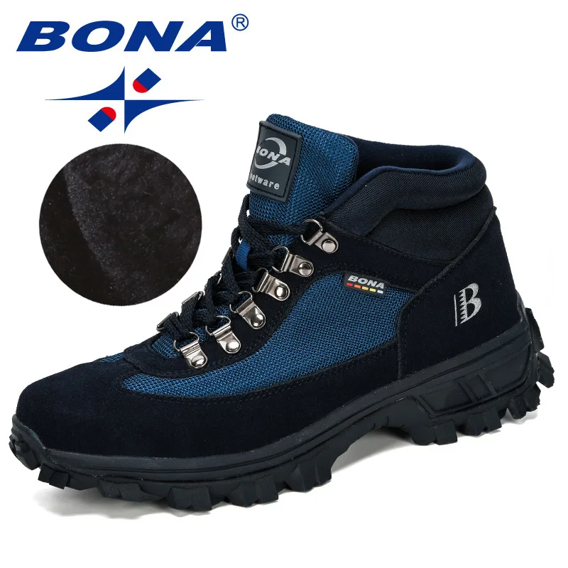 Deep Blue Silver Gra BONA/; Мужская походная обувь; сезон осень-зима; кожаные ботинки с высоким берцем; походная обувь для охоты; мужские кроссовки; походные уличные кроссовки - Цвет: Deep Blue Silver Gra