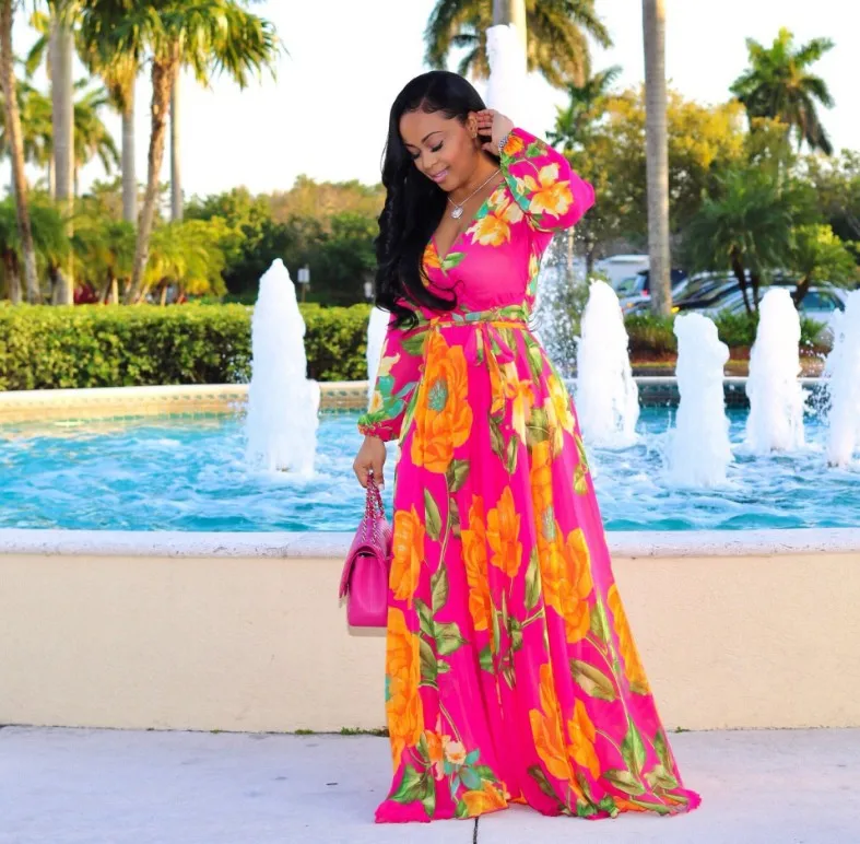 Женское богемное Пляжное Платье макси с цветочным принтом длинным рукавом и