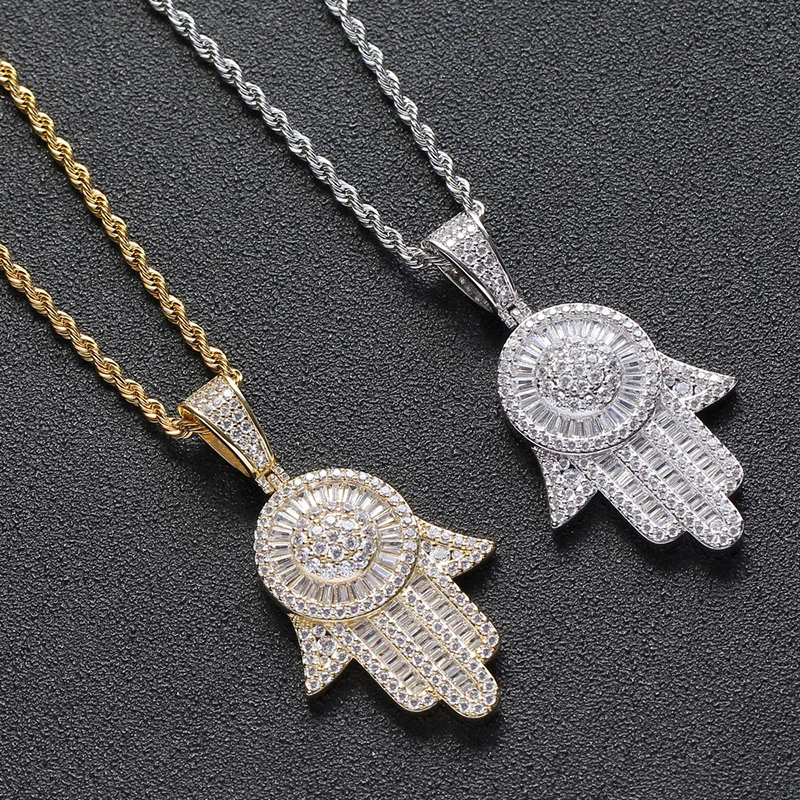 

Hip Hop AAA CZ Stone Pave Bling Ice Out Gold Color Fatima Hand Amulet Pendants Necklaces for Men Women Rapper Jewelry