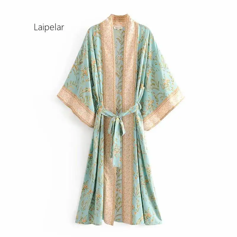 

Женское длинное кимоно, бирюзовая рубашка с цветочным принтом в этническом стиле, Свободный кардиган с завязками и бантом на поясе, 2020
