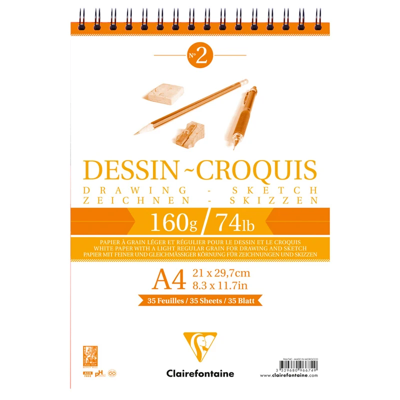 Блокнот для эскизов и зарисовок 35л. а4 на гребне clairefontaine &quotdessin croquis&quot 160г/м2|Ленты