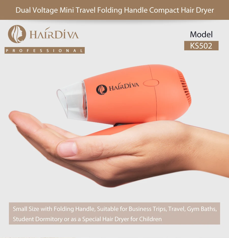 Компактный мини-фен для волос с двойной раскладной ручкой HairDiva Corel