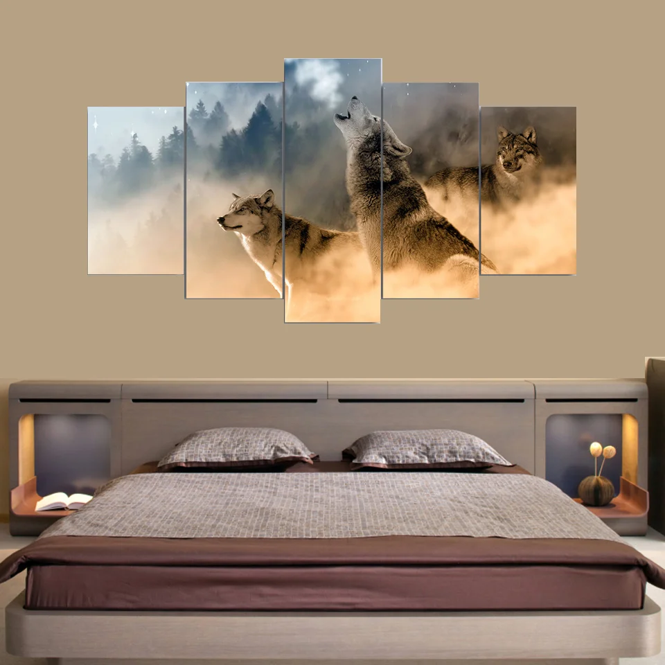 

5 Pieces Wall Arts Canvas Howling Wolf in Clouds Poster Painting For Living Room Picture Prints Bedroom Modular Home Decoration