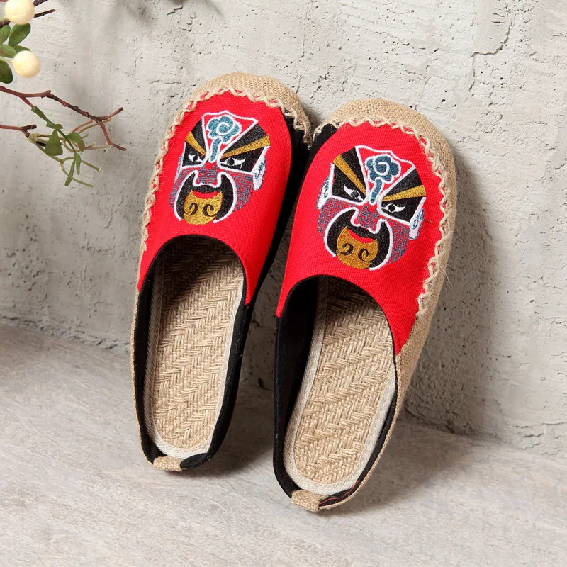 Handmade Embroidery Round Toe Slippers Casual Linen Slip On Loafers Khaki Blue Retro Zpatillas Mujer Sapatos Flats Shoes