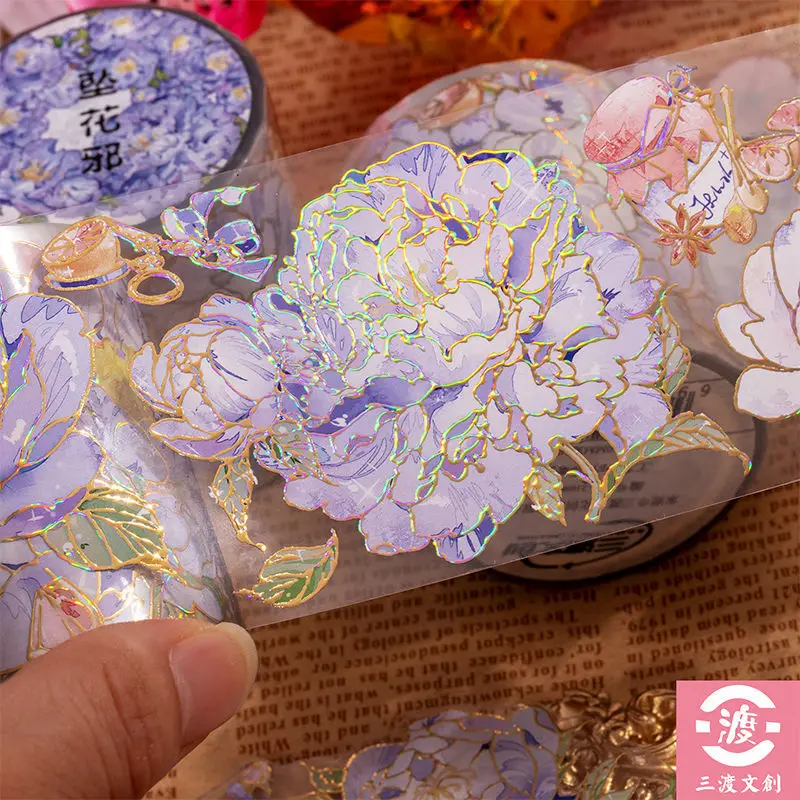 

5cmx5m Aesthetic flowers and paper tape embossed gilded waterproof PET stickers children DIY hand account decoration washi tape
